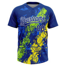 Загрузить изображение в средство просмотра галереи, Custom Royal Neon Green Light Yellow-White Dripping Splatter Cracked Texture Two-Button Unisex Softball Jersey
