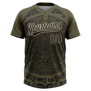 Custom Olive Black-Cream Ethnic Aztec Mexican Heritage Two-Button Unisex Softball Jersey