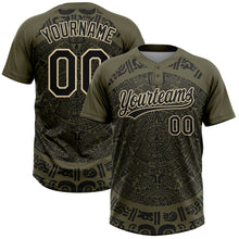 Charger l'image dans la galerie, Custom Olive Black-Cream Ethnic Aztec Mexican Heritage Two-Button Unisex Softball Jersey
