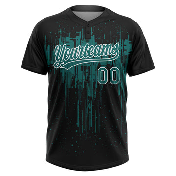 Custom Black Teal-White Dripping Splatter Paint Two-Button Unisex Softball Jersey