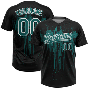 Custom Black Teal-White Dripping Splatter Paint Two-Button Unisex Softball Jersey