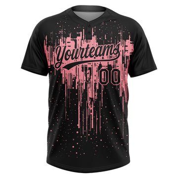 Custom Black Medium Pink Dripping Splatter Paint Two-Button Unisex Softball Jersey