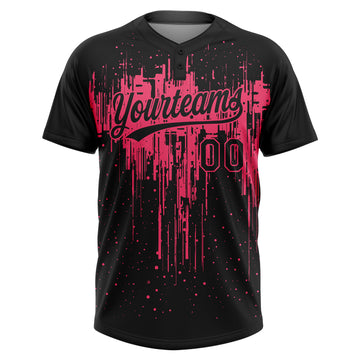 Custom Black Neon Pink Dripping Splatter Paint Two-Button Unisex Softball Jersey
