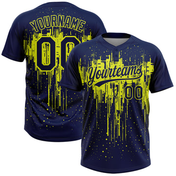 Custom Navy Neon Yellow Dripping Splatter Paint Two-Button Unisex Softball Jersey