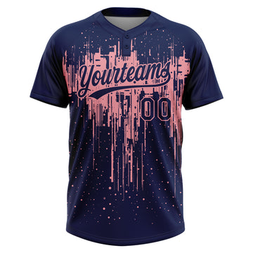 Custom Navy Medium Pink Dripping Splatter Paint Two-Button Unisex Softball Jersey