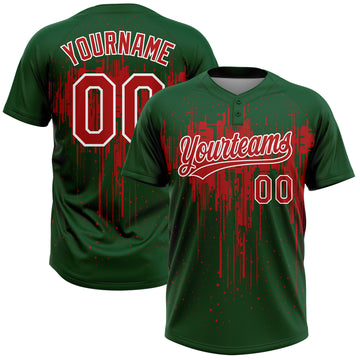 Custom Green Red-White Dripping Splatter Paint Two-Button Unisex Softball Jersey