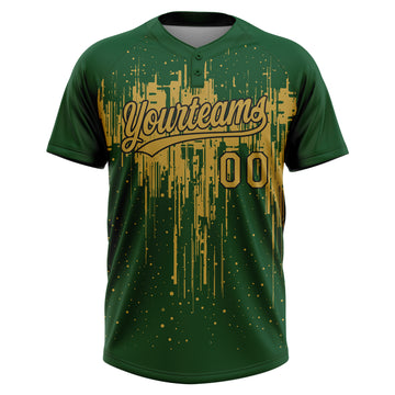 Custom Green Old Gold-Black Dripping Splatter Paint Two-Button Unisex Softball Jersey