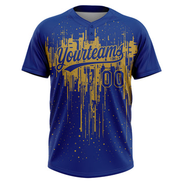Custom Royal Old Gold Dripping Splatter Paint Two-Button Unisex Softball Jersey