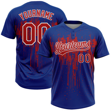 Custom Royal Red-White Dripping Splatter Paint Two-Button Unisex Softball Jersey