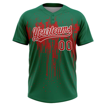 Custom Kelly Green Red-White Dripping Splatter Paint Two-Button Unisex Softball Jersey