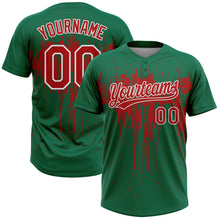 Загрузить изображение в средство просмотра галереи, Custom Kelly Green Red-White Dripping Splatter Paint Two-Button Unisex Softball Jersey
