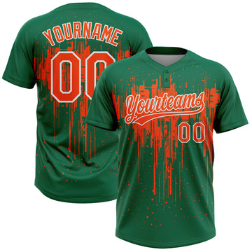 Custom Kelly Green Orange-White Dripping Splatter Paint Two-Button Unisex Softball Jersey