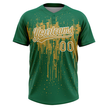 Custom Kelly Green Old Gold-White Dripping Splatter Paint Two-Button Unisex Softball Jersey