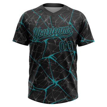 Custom Black Teal 3D Pattern Design Abstract Network Two-Button Unisex Softball Jersey