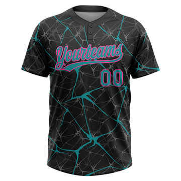 Custom Black Teal-Pink 3D Pattern Design Abstract Network Two-Button Unisex Softball Jersey
