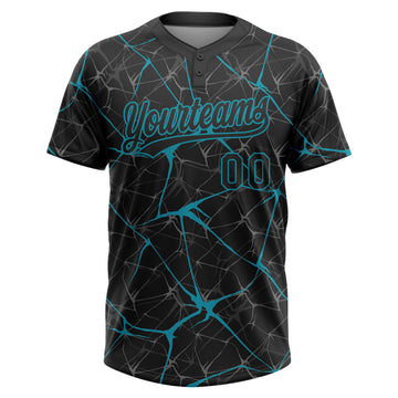 Custom Black Teal 3D Pattern Design Abstract Network Two-Button Unisex Softball Jersey