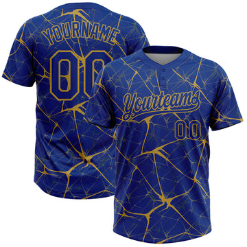 Custom Royal Old Gold 3D Pattern Design Abstract Network Two-Button Unisex Softball Jersey