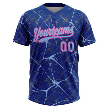 Custom Royal Light Blue-Pink 3D Pattern Design Abstract Network Two-Button Unisex Softball Jersey