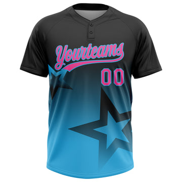 Custom Black Pink-Sky Blue Gradient Style Twinkle Star Two-Button Unisex Softball Jersey