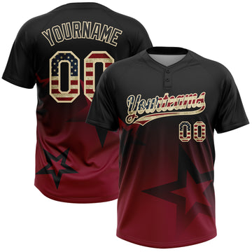 Custom Black Vintage USA Flag Crimson-Cream Gradient Style Twinkle Star Two-Button Unisex Softball Jersey