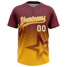 Load image into Gallery viewer, Custom Burgundy Gold-White Gradient Style Twinkle Star Two-Button Unisex Softball Jersey
