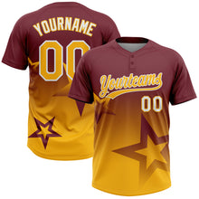 Load image into Gallery viewer, Custom Burgundy Gold-White Gradient Style Twinkle Star Two-Button Unisex Softball Jersey
