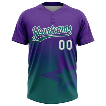 Custom Purple Teal-White Gradient Style Twinkle Star Two-Button Unisex Softball Jersey