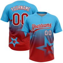 Laden Sie das Bild in den Galerie-Viewer, Custom Sky Blue Red-White Gradient Style Twinkle Star Two-Button Unisex Softball Jersey
