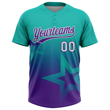 Custom Aqua Purple-White Gradient Style Twinkle Star Two-Button Unisex Softball Jersey