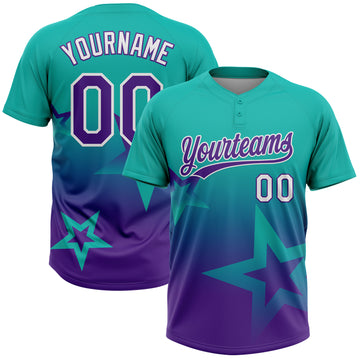 Custom Aqua Purple-White Gradient Style Twinkle Star Two-Button Unisex Softball Jersey