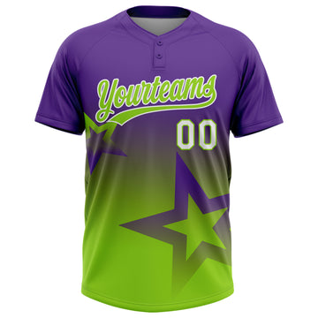 Custom Purple Neon Green-White Gradient Style Twinkle Star Two-Button Unisex Softball Jersey