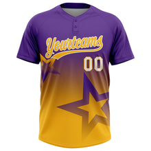 Laden Sie das Bild in den Galerie-Viewer, Custom Purple Gold-White Gradient Style Twinkle Star Two-Button Unisex Softball Jersey
