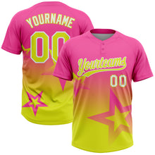Laden Sie das Bild in den Galerie-Viewer, Custom Pink Neon Yellow-White Gradient Style Twinkle Star Two-Button Unisex Softball Jersey

