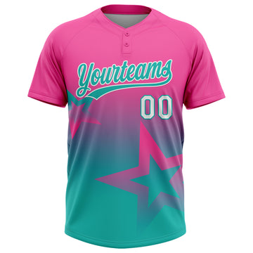 Custom Pink Aqua-White Gradient Style Twinkle Star Two-Button Unisex Softball Jersey