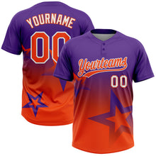 Laden Sie das Bild in den Galerie-Viewer, Custom Purple Orange-White Gradient Style Twinkle Star Two-Button Unisex Softball Jersey
