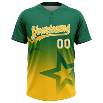 Custom Kelly Green Yellow-White Gradient Style Twinkle Star Two-Button Unisex Softball Jersey