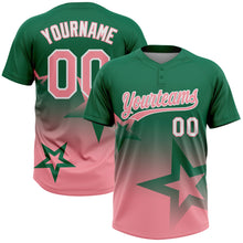 Laden Sie das Bild in den Galerie-Viewer, Custom Kelly Green Medium Pink-White Gradient Style Twinkle Star Two-Button Unisex Softball Jersey
