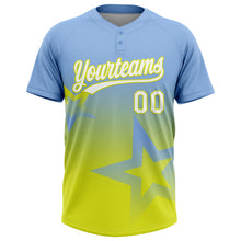 Load image into Gallery viewer, Custom Light Blue White-Neon Yellow Gradient Style Twinkle Star Two-Button Unisex Softball Jersey
