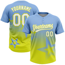 Load image into Gallery viewer, Custom Light Blue White-Neon Yellow Gradient Style Twinkle Star Two-Button Unisex Softball Jersey
