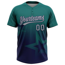 Laden Sie das Bild in den Galerie-Viewer, Custom Teal Gray-Navy Gradient Style Twinkle Star Two-Button Unisex Softball Jersey
