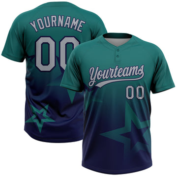 Custom Teal Gray-Navy Gradient Style Twinkle Star Two-Button Unisex Softball Jersey