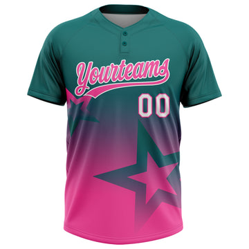 Custom Teal Pink-White Gradient Style Twinkle Star Two-Button Unisex Softball Jersey