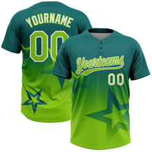 Laden Sie das Bild in den Galerie-Viewer, Custom Teal Neon Green-White Gradient Style Twinkle Star Two-Button Unisex Softball Jersey
