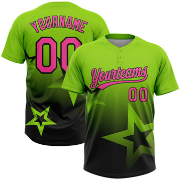 Custom Neon Green Pink-Black Gradient Style Twinkle Star Two-Button Unisex Softball Jersey