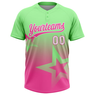 Custom Pea Green Pink-White Gradient Style Twinkle Star Two-Button Unisex Softball Jersey