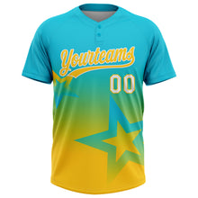 Laden Sie das Bild in den Galerie-Viewer, Custom Lakes Blue Yellow-White Gradient Style Twinkle Star Two-Button Unisex Softball Jersey
