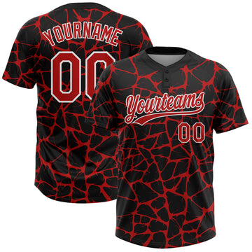 Custom Black Red-White 3D Pattern Design Abstract Network Crackle Two-Button Unisex Softball Jersey