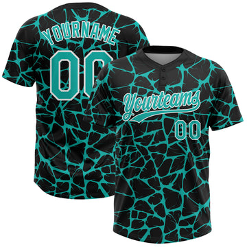 Custom Black Aqua-White 3D Pattern Design Abstract Network Crackle Two-Button Unisex Softball Jersey
