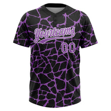 Charger l'image dans la galerie, Custom Black Medium Purple-White 3D Pattern Design Abstract Network Crackle Two-Button Unisex Softball Jersey
