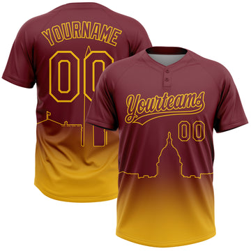Custom Burgundy Yellow Washington City Edition Gradient Two-Button Unisex Softball Jersey